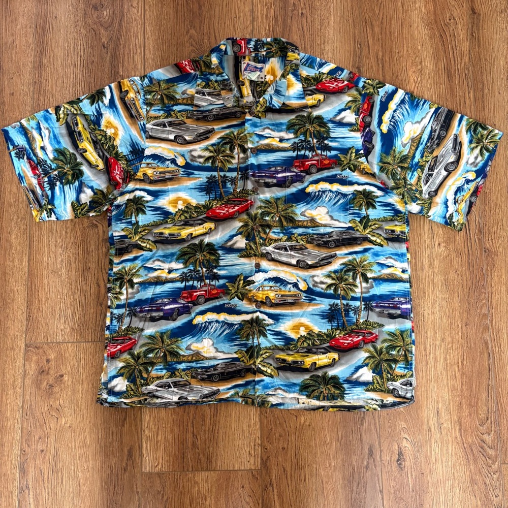 Reyn Spooner Sports Dodge Muscle Car Hawaiian Shirt Rayon Mens XL Blue Palms VTG